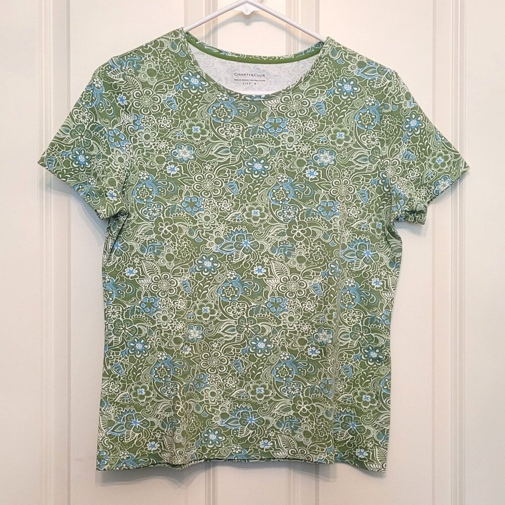 Charter Club Green and Blue Floral T-shirt